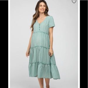 Pink Blush Green Line Print Button Front Tiered Maternity Midi Dress